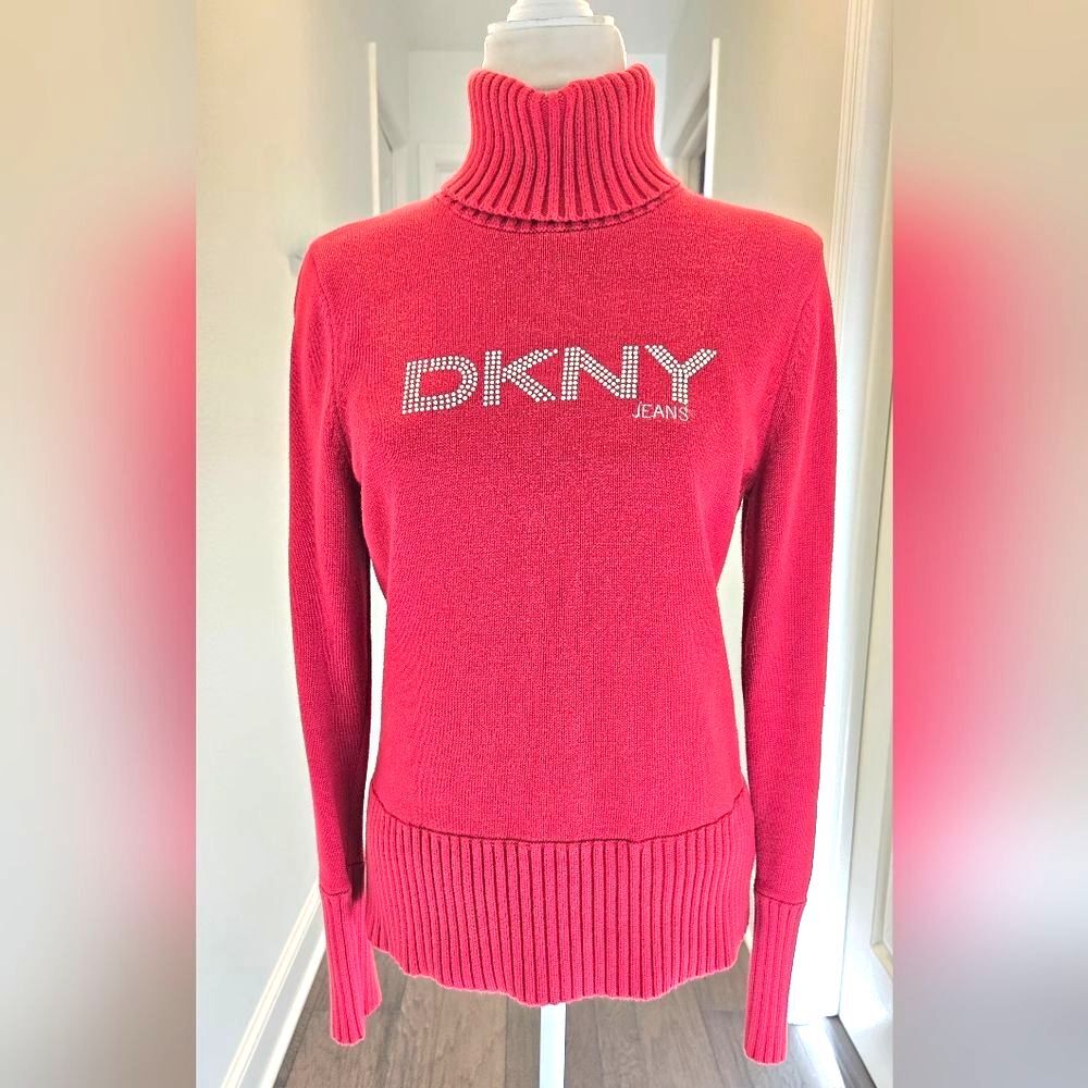 DKNY Jeans Red Rhinestone Turtleneck Sweater (Y2K Era) Size L